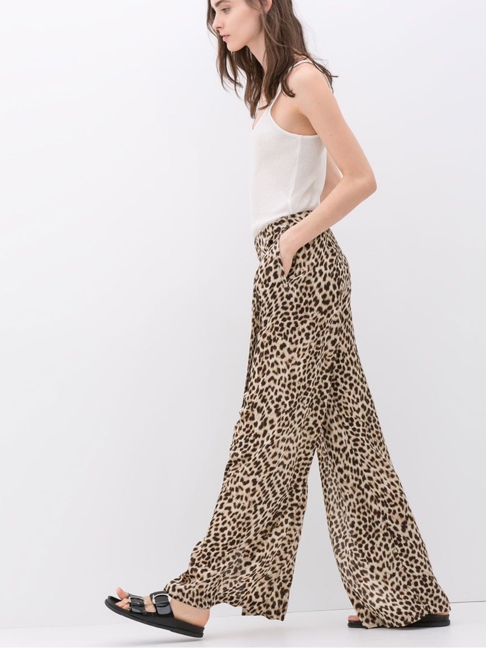 NWT Zara Beige Leopard-Print Wide Leg Pants Size XL